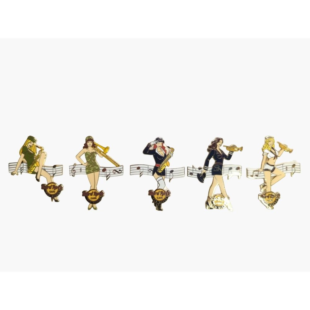 Hard Rock Cafe San Diego 2013 Set of 5 pin up girl pins Trumpet Sax Trombone